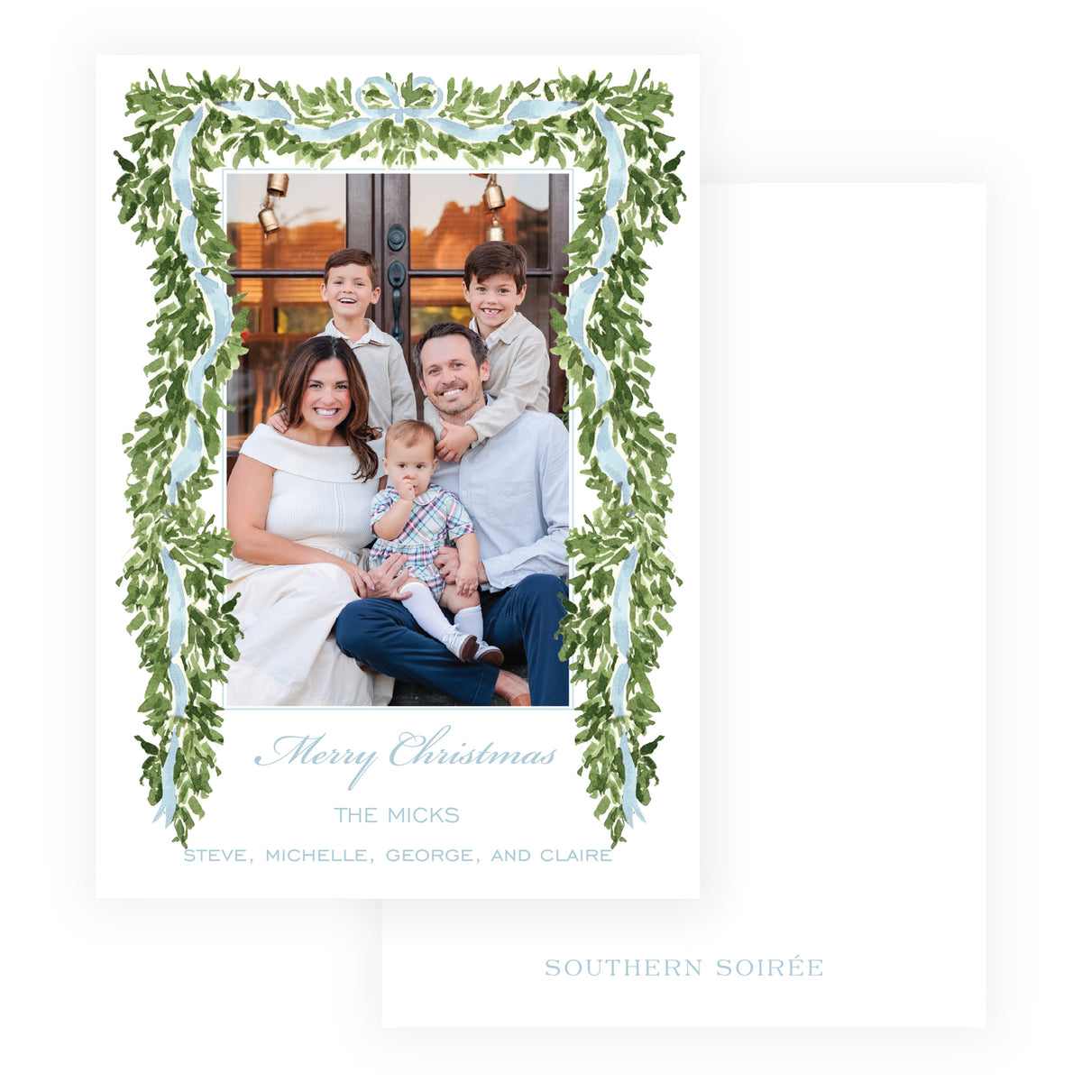 Personalized family Christmas card with evergreen garland and soft blue ribbon