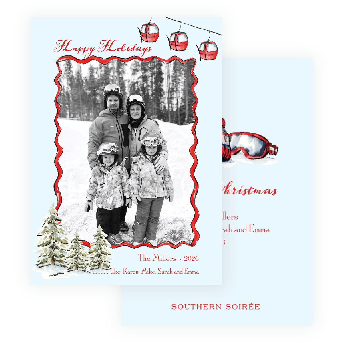 Alpine Holiday – Gondola & Snowy Trees Personalized Holiday Photo Card