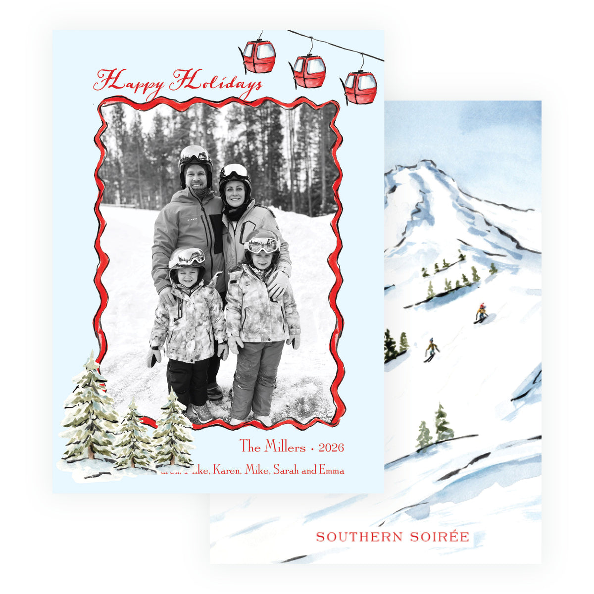 Alpine Holiday – Gondola & Snowy Trees Personalized Holiday Photo Card