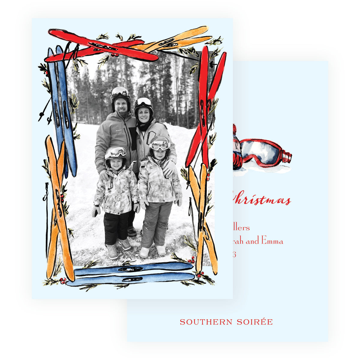 Blue Ski Frame Holiday photo card with watercolor ski frame and coordinating winter gear artwork