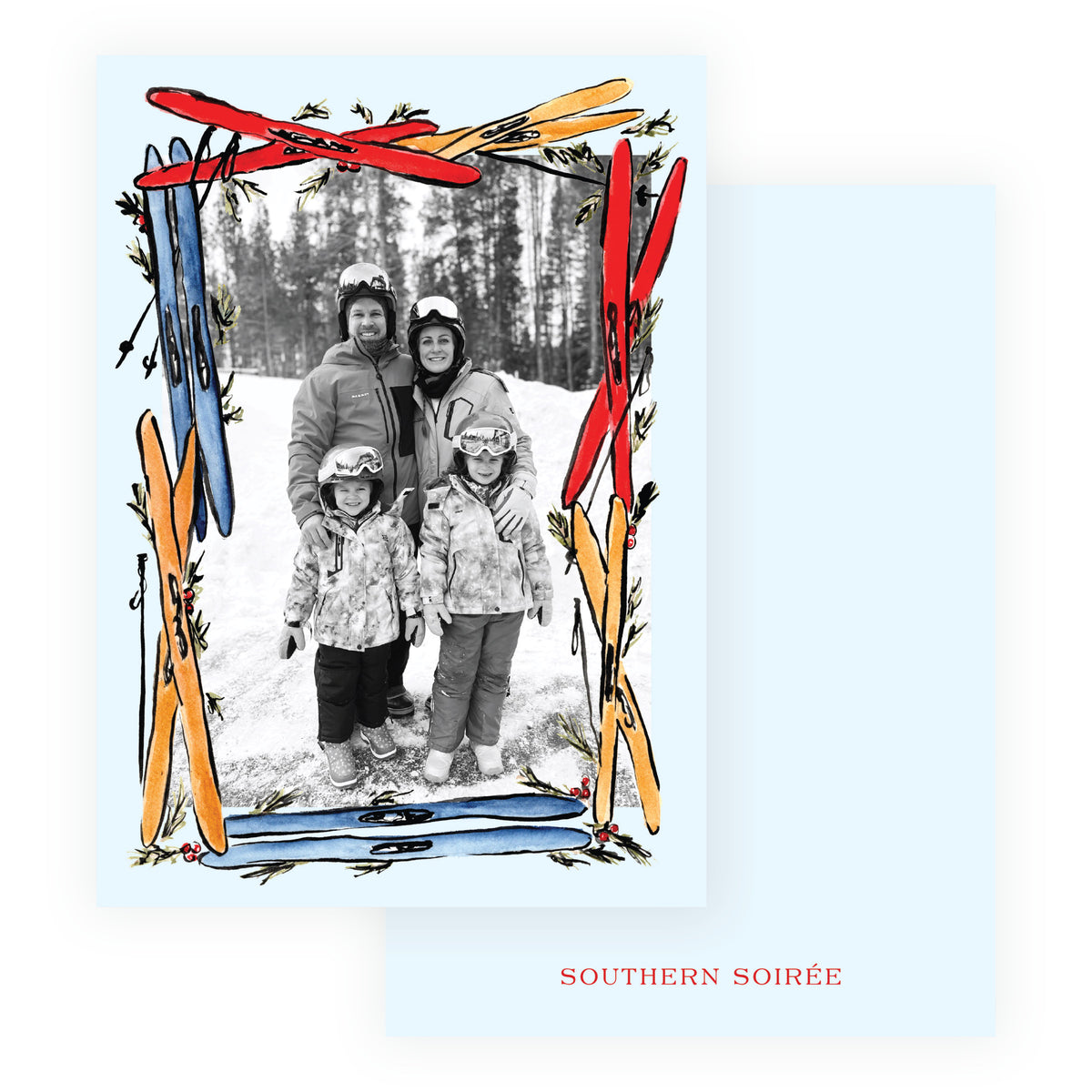 Blue Ski Frame Holiday personalized photo card with exclusive watercolor skis and family photo