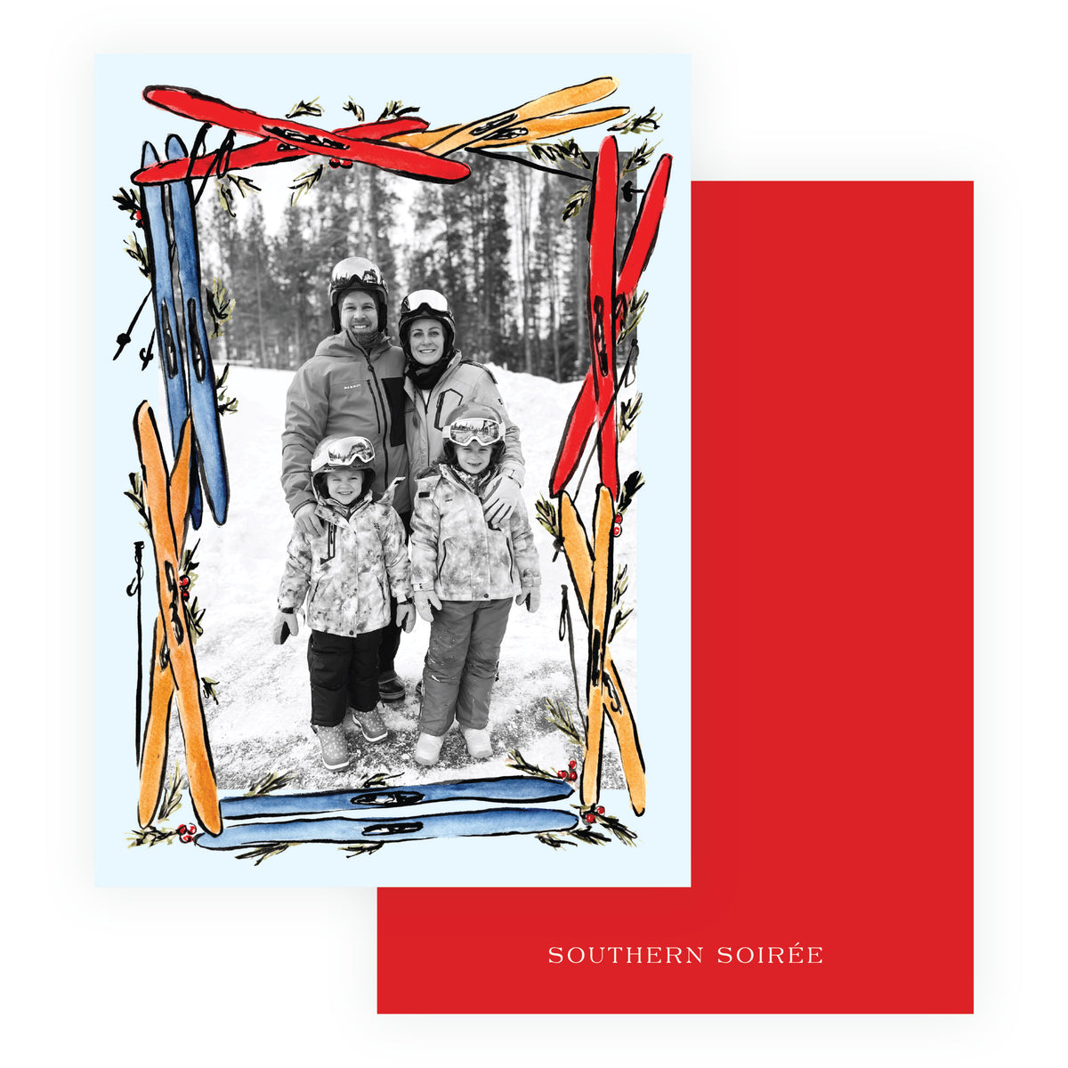 Alpine Holiday – Blue Ski Frame Holiday Personalized Photo Card