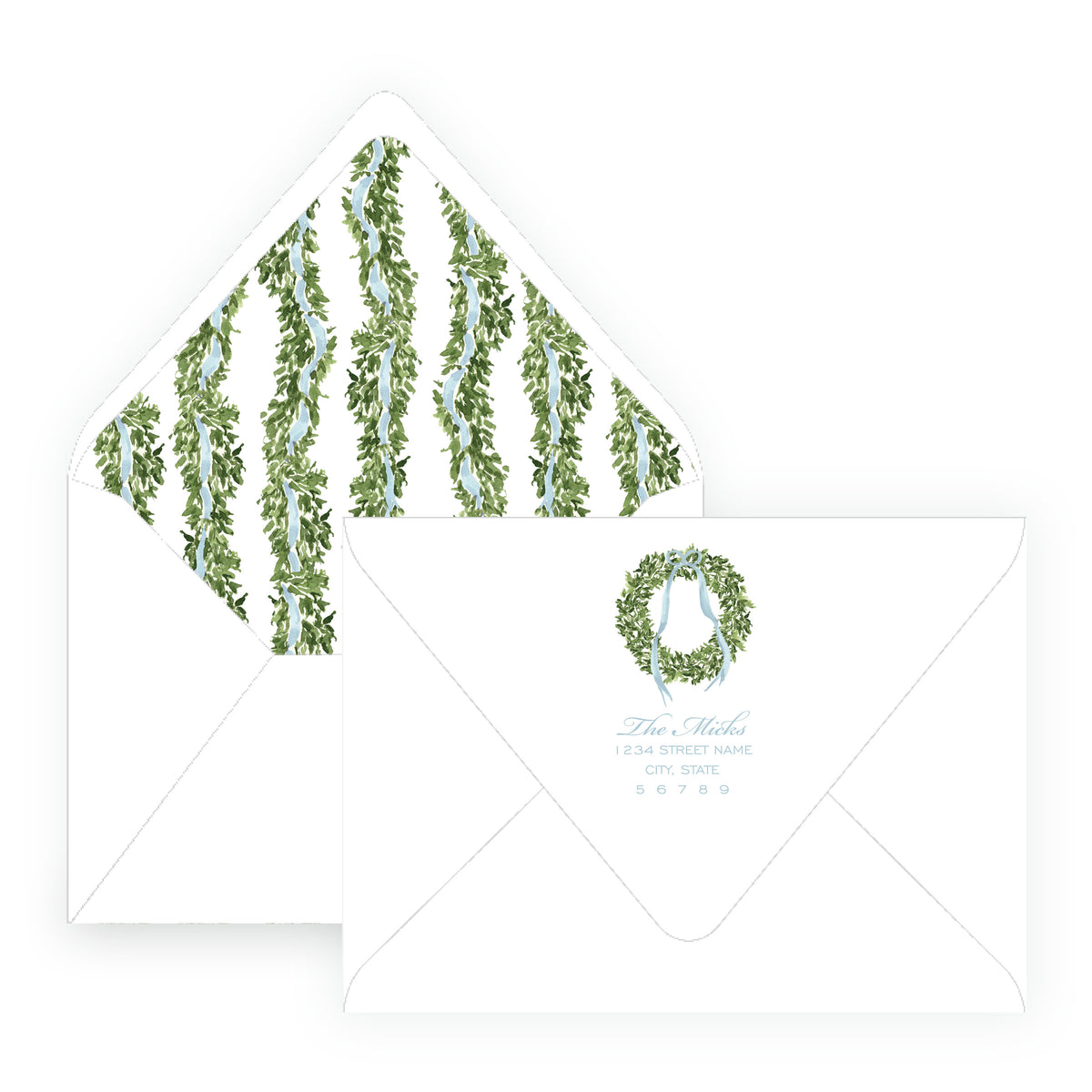 Decked in Garland – Blue Wreath Personalized Christmas Photo Card