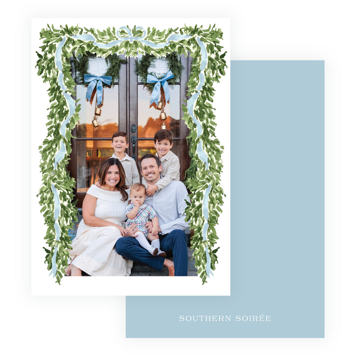 Blue full frame personalized Christmas photo card with evergreen garland