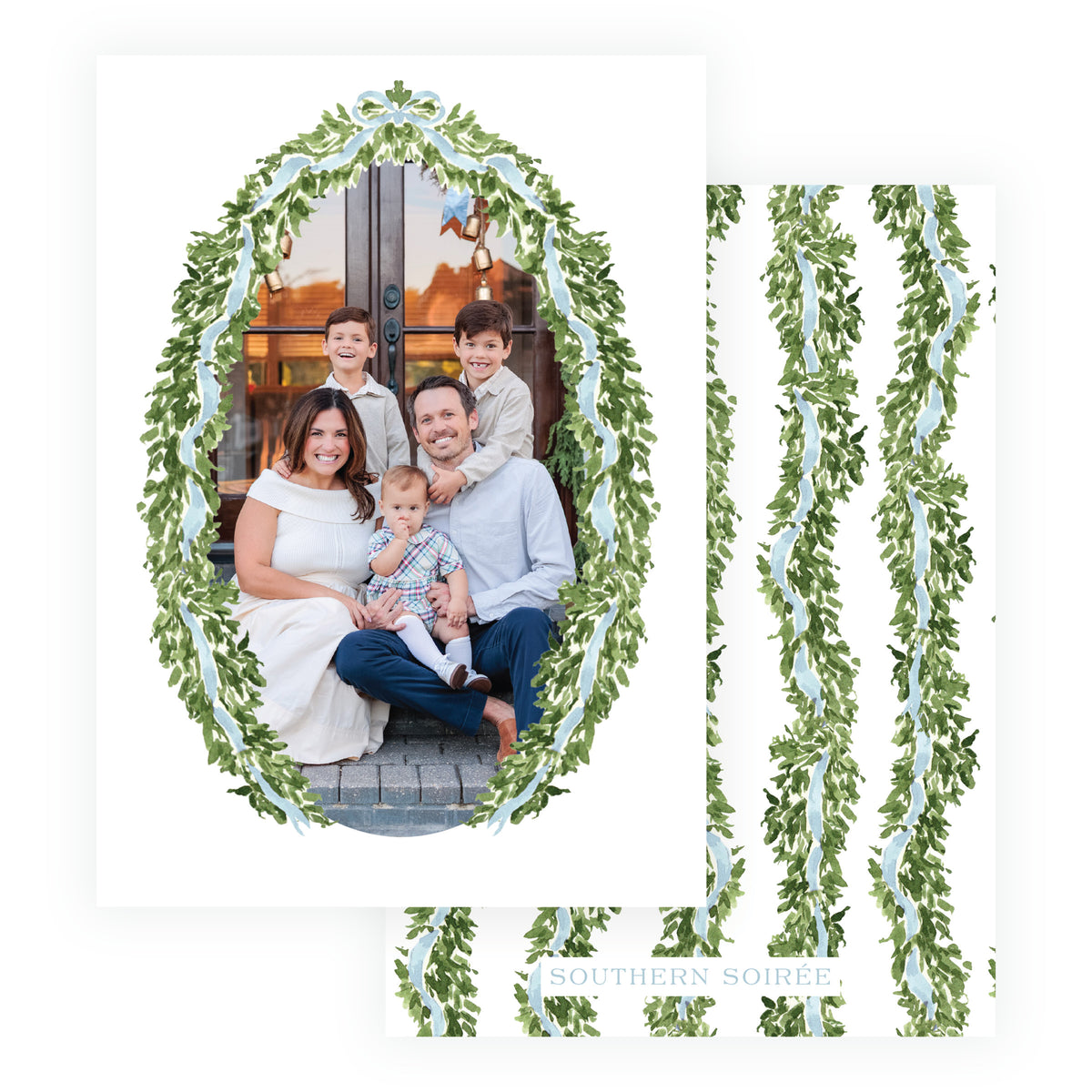Watercolor evergreen oval Christmas card with soft blue bow