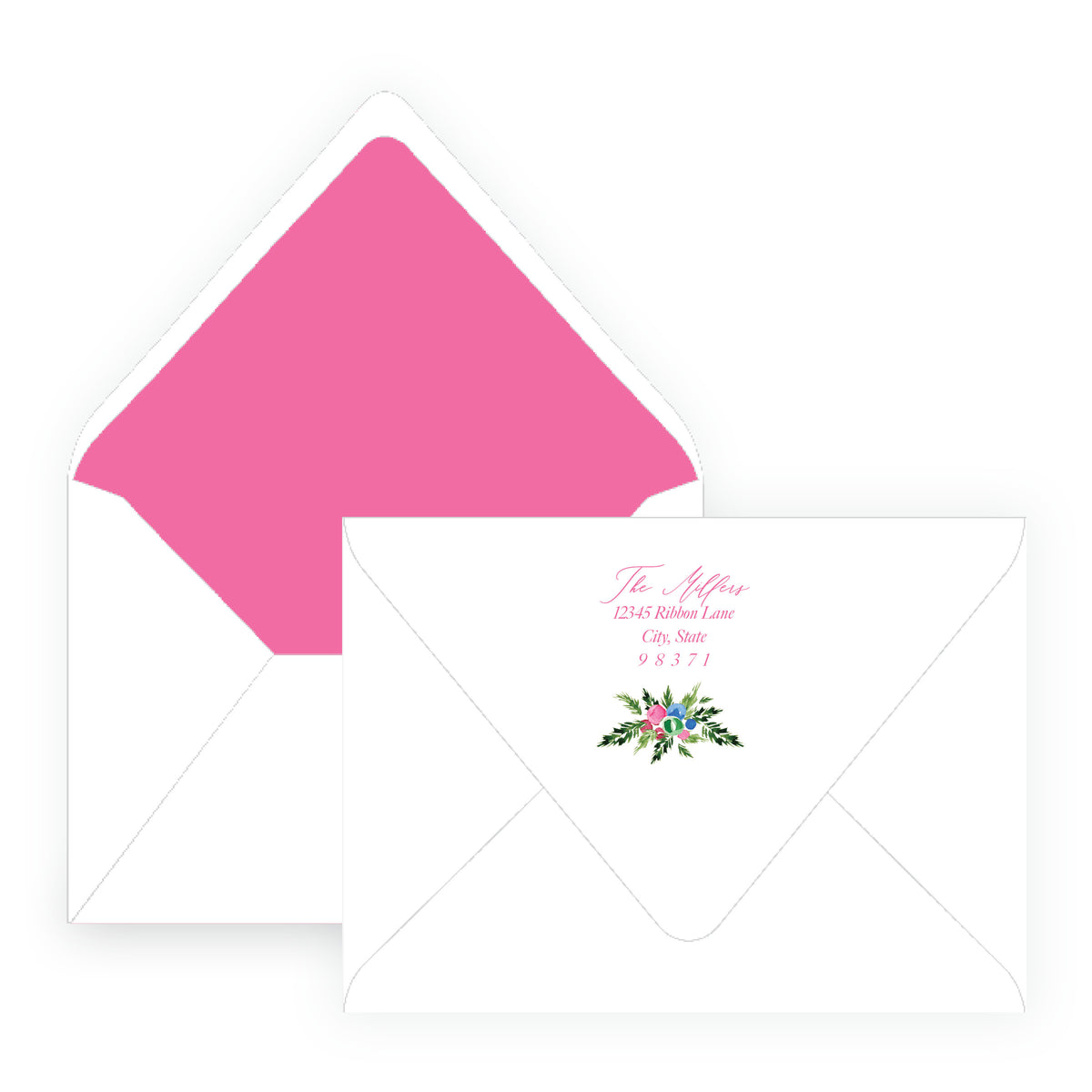 Merry Wreath Pink Landscape Personalized Christmas Photo Card