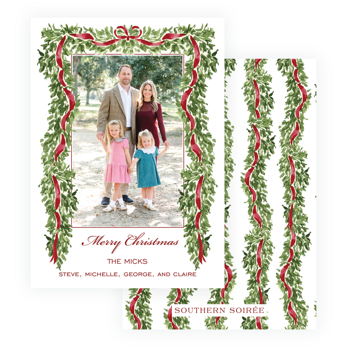 Burgundy garland frame personalized Christmas photo card with watercolor greenery
