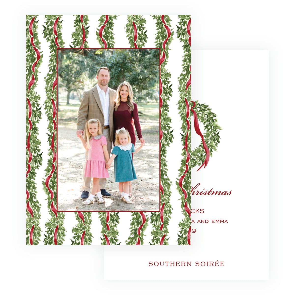 Personalized family Christmas card with greenery and burgundy ribbon