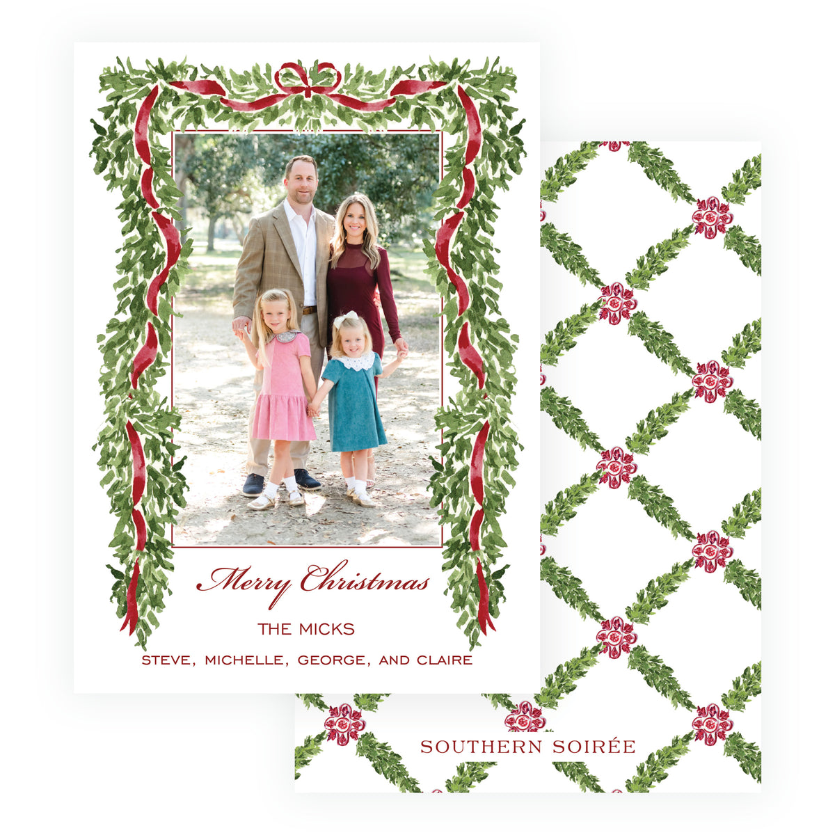 Personalized family Christmas card with evergreen garland and burgundy ribbon