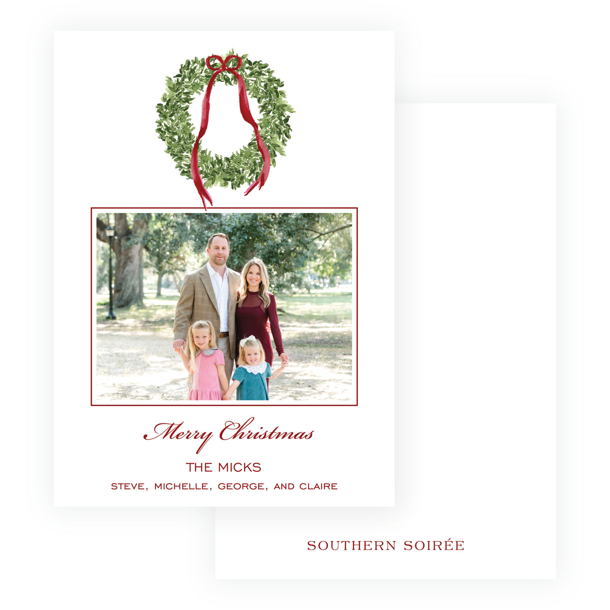 Burgundy wreath personalized Christmas photo card with watercolor evergreen greenery