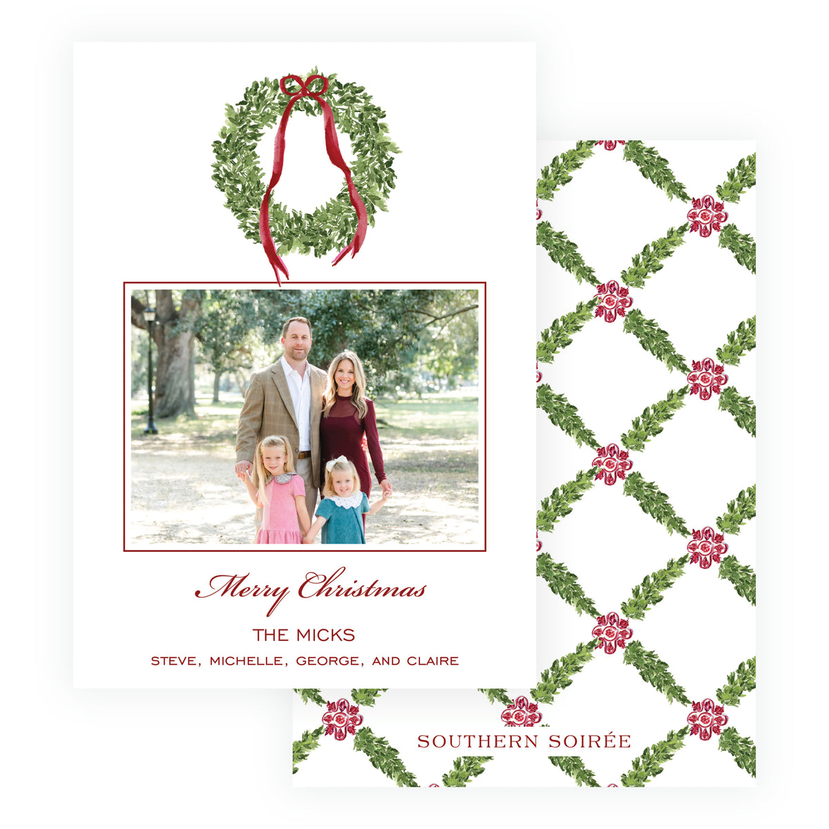 Watercolor Christmas wreath with burgundy bow personalized photo card