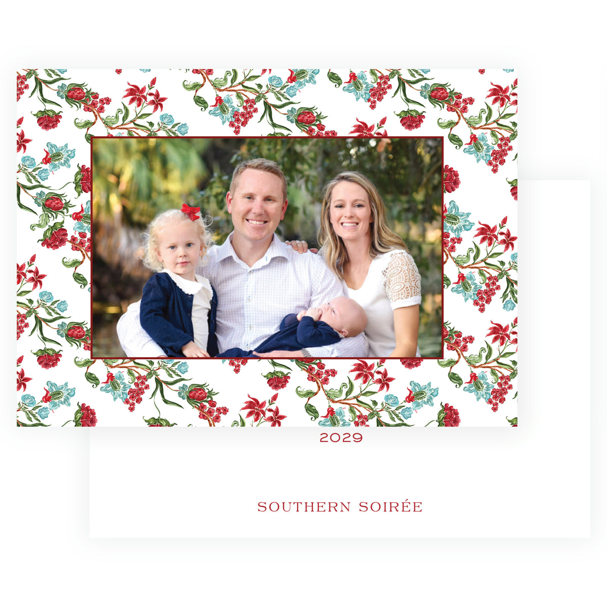 Holiday Chintz landscape personalized Christmas photo card with watercolor florals