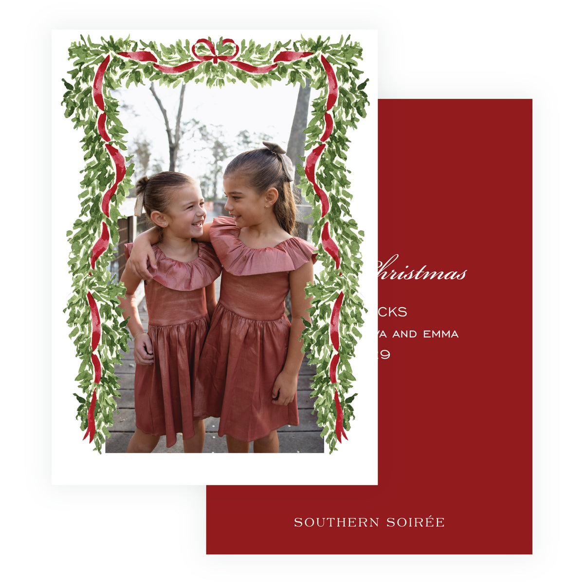 Burgundy full frame personalized Christmas photo card with evergreen garland