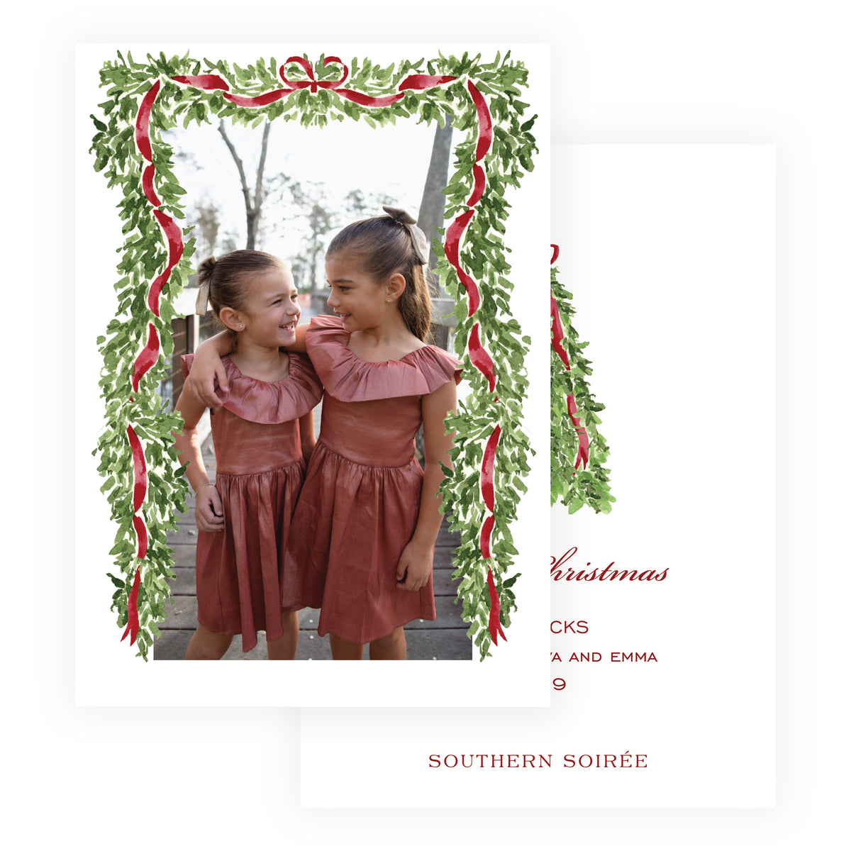 Decked in Garland burgundy full frame Christmas photo card