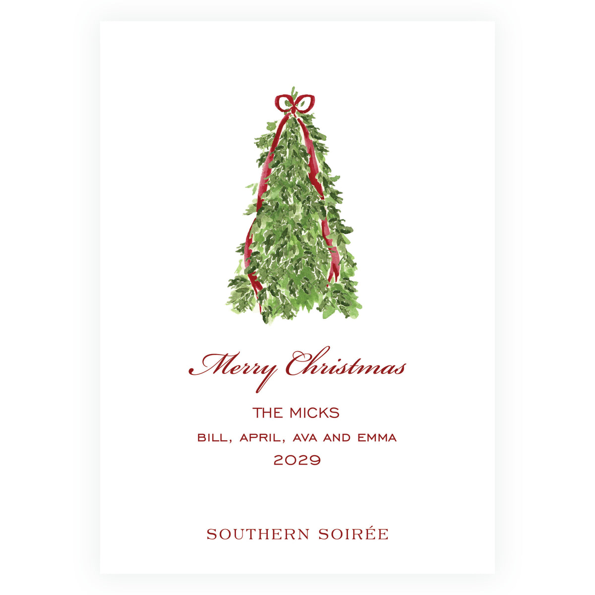 Evergreen garland pattern Christmas photo card with deep burgundy ribbon