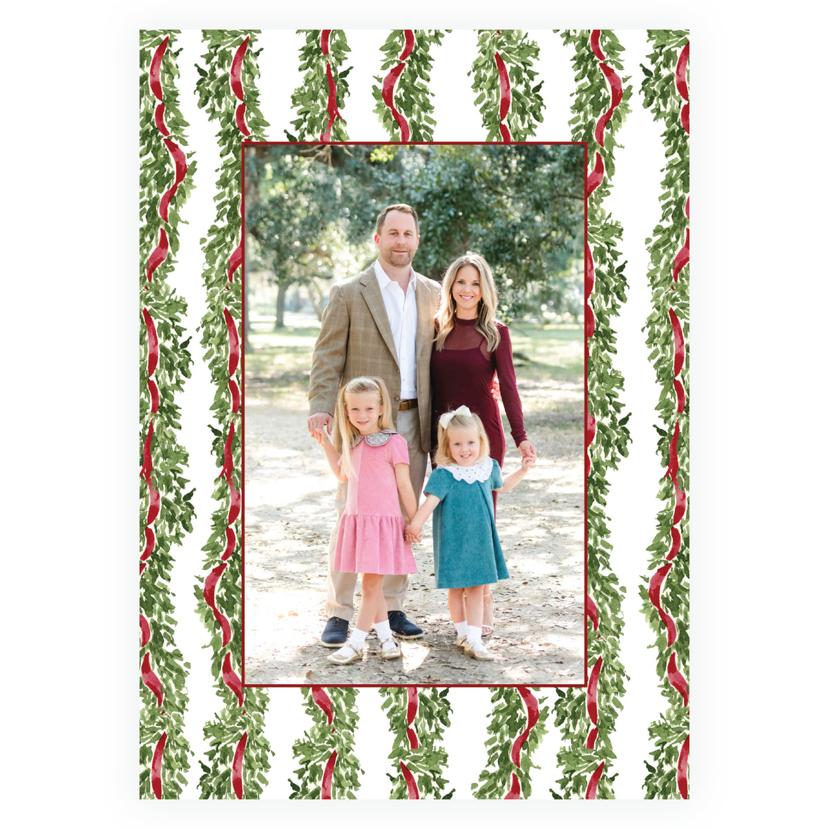Decked in Garland burgundy patterned personalized holiday photo card
