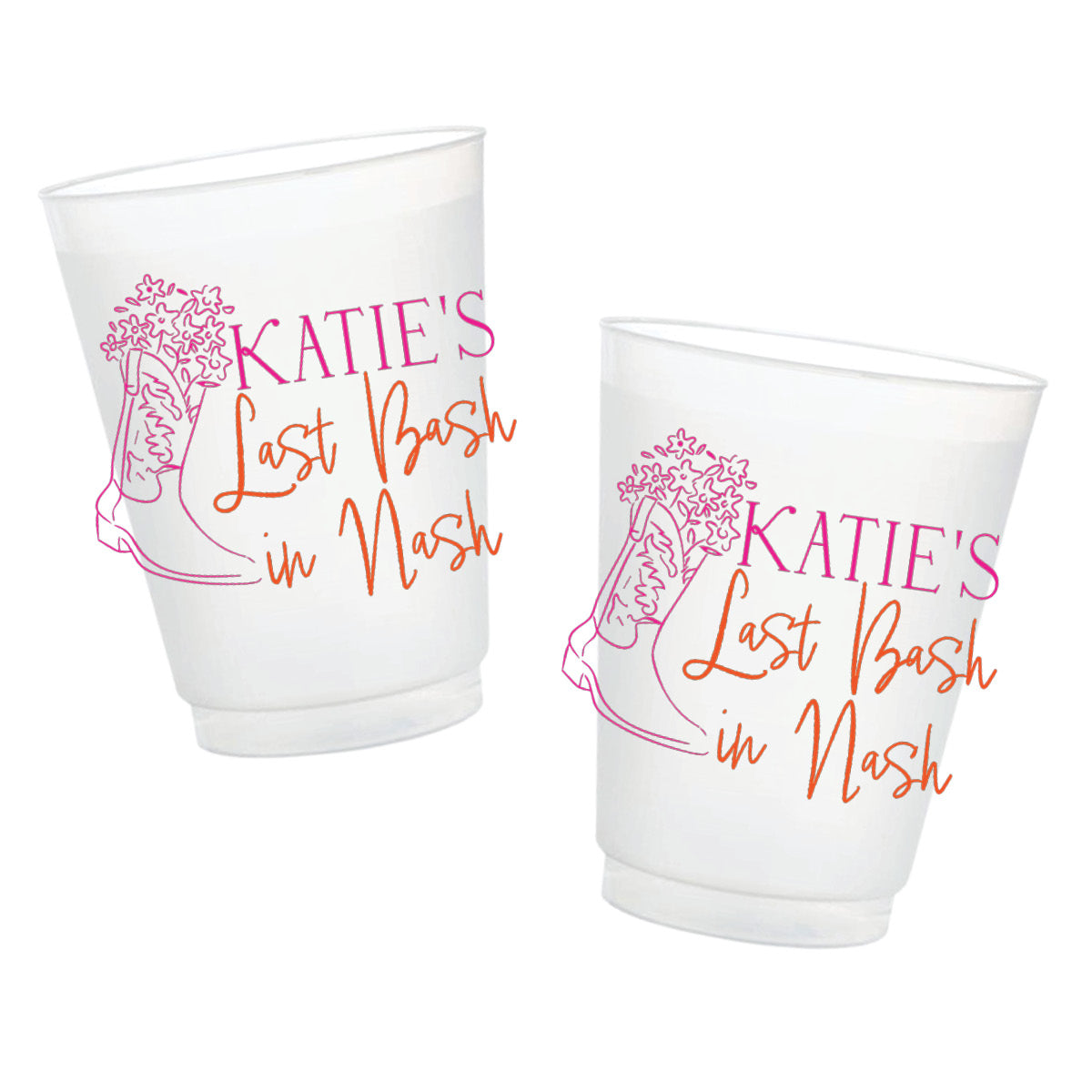 Personalized Nashville bachelorette frosted cups featuring pink cowboy boots with flowers and Last Bash in Nash wording.