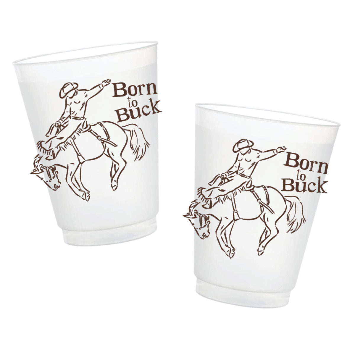 Born to Buck frosted party cups featuring a brown vintage-style cowboy riding a bucking bronco.