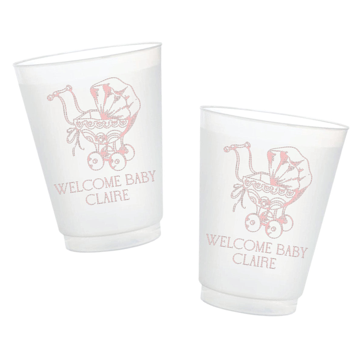 Pink personalized baby shower frosted cups featuring a vintage baby carriage illustration and Welcome Baby Claire wording.
