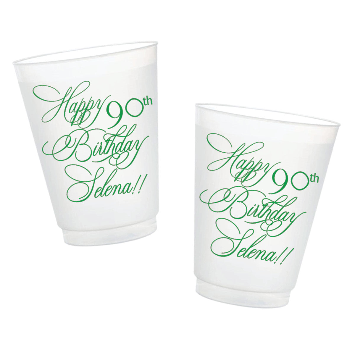 Personalized milestone birthday frosted cups featuring custom age and name in elegant green script