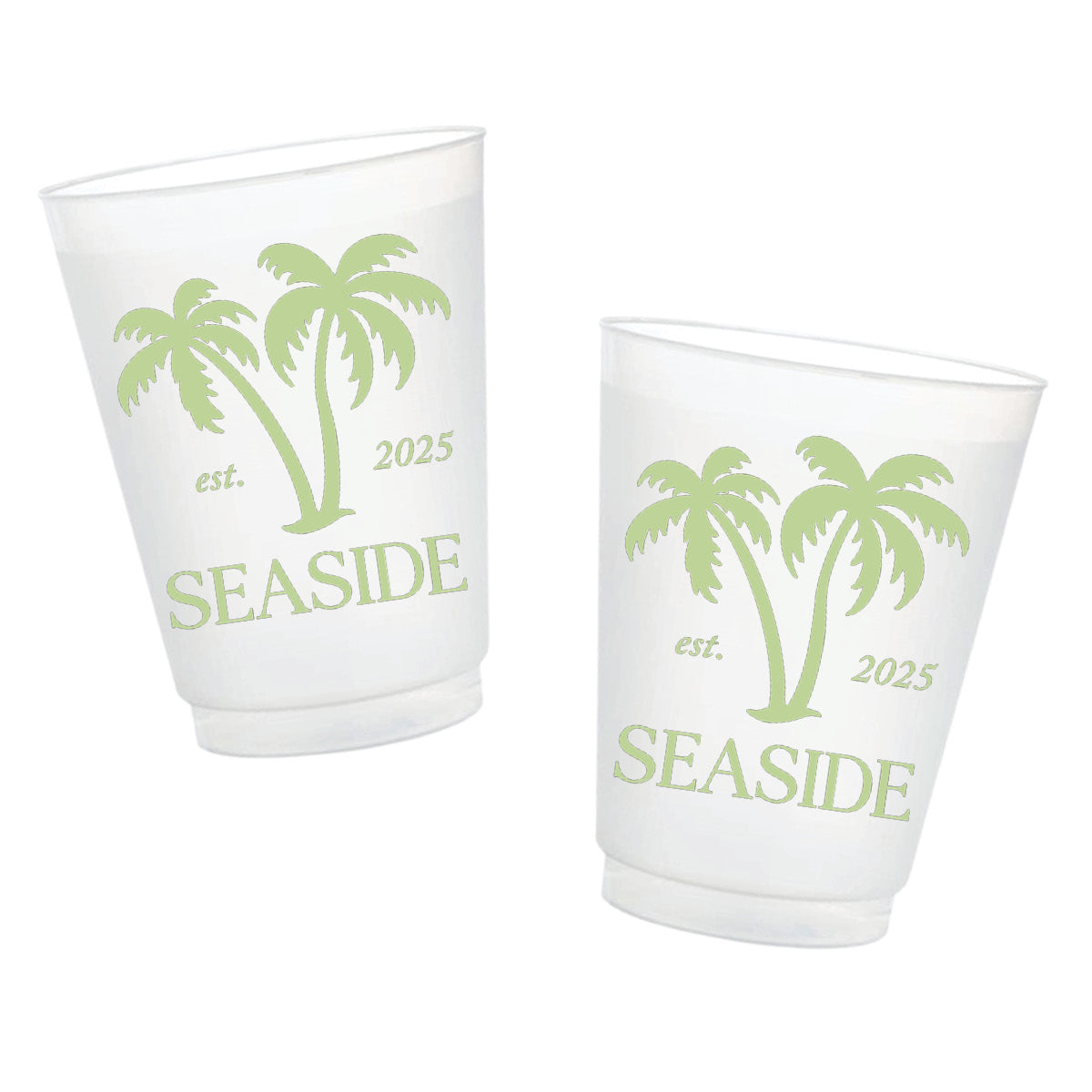 Personalized destination frosted cups with palm trees, custom location name and established year.
