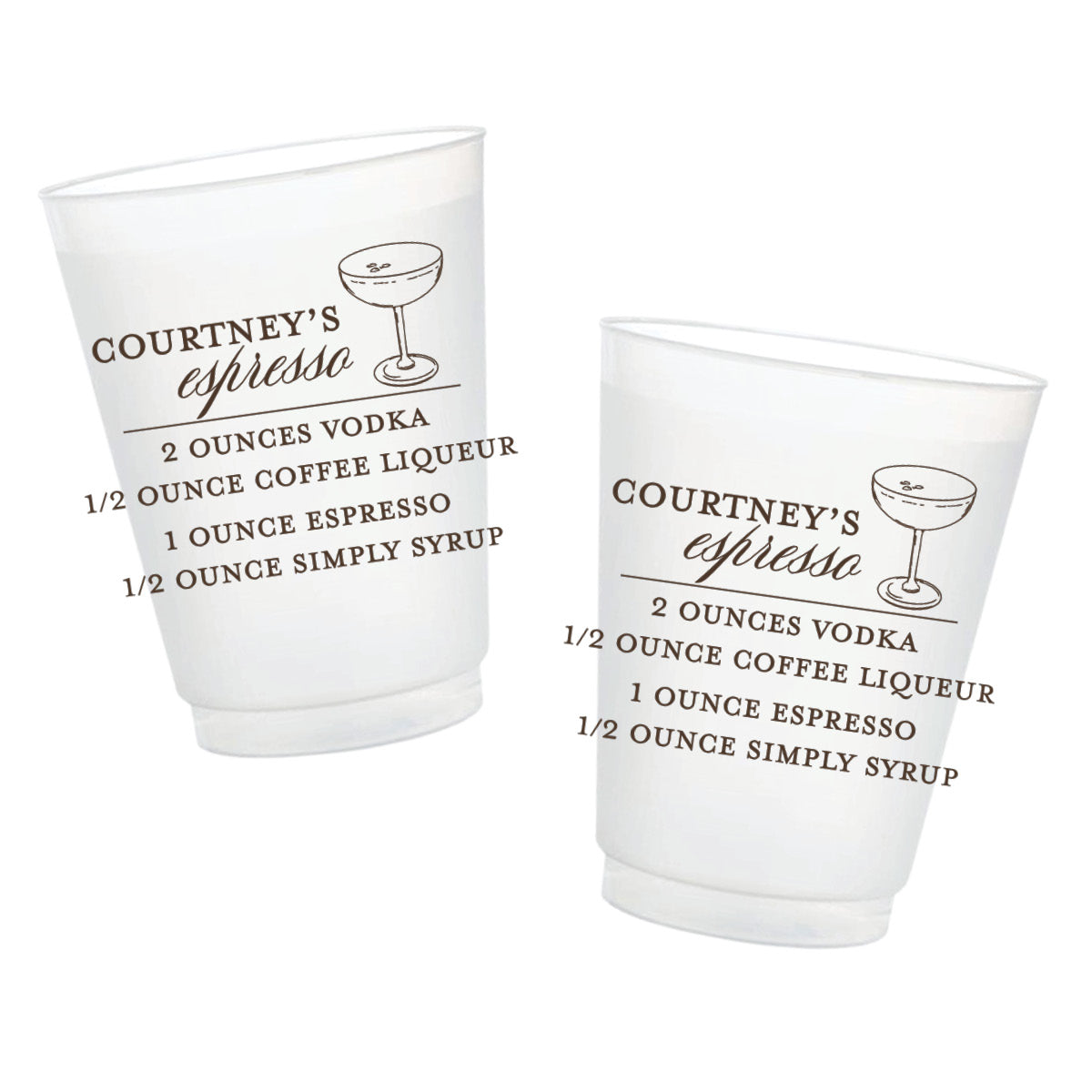 Personalized frosted cocktail cups featuring a custom espresso cocktail recipe, name and coupe glass illustration.
