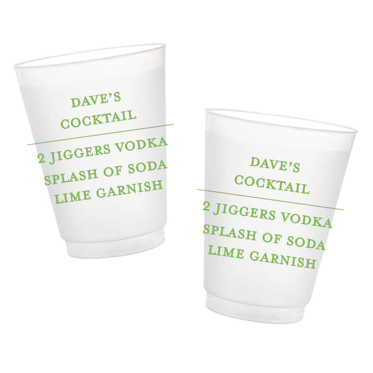 Personalized frosted cocktail cups featuring a custom cocktail recipe, name
