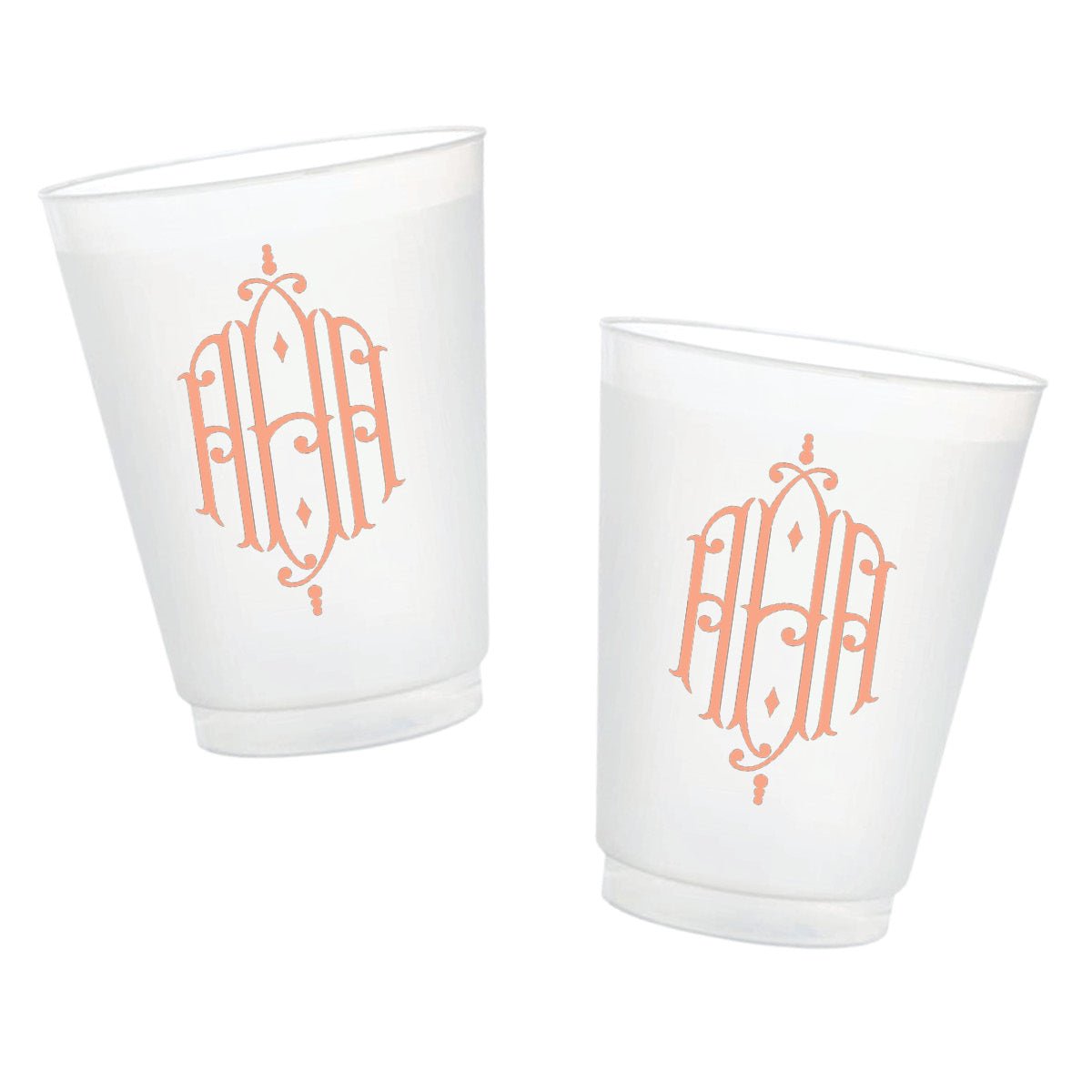 Personalized frosted party cups featuring an elegant coral three-letter interlocking monogram.