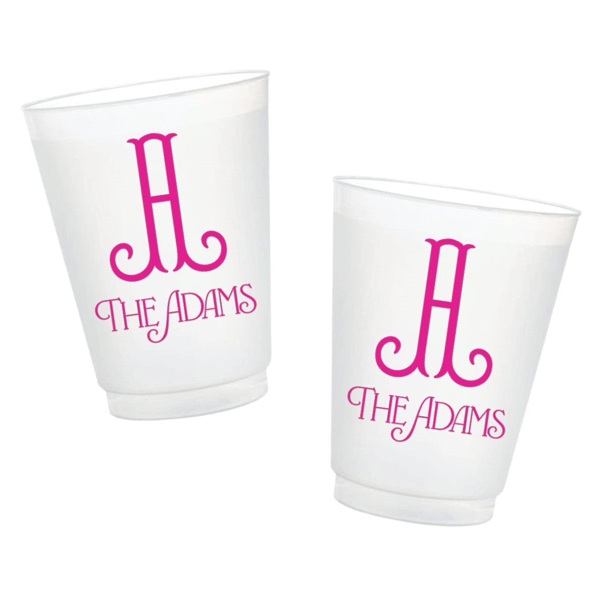 Personalized frosted cups featuring a pink single-letter monogram and custom family last name.