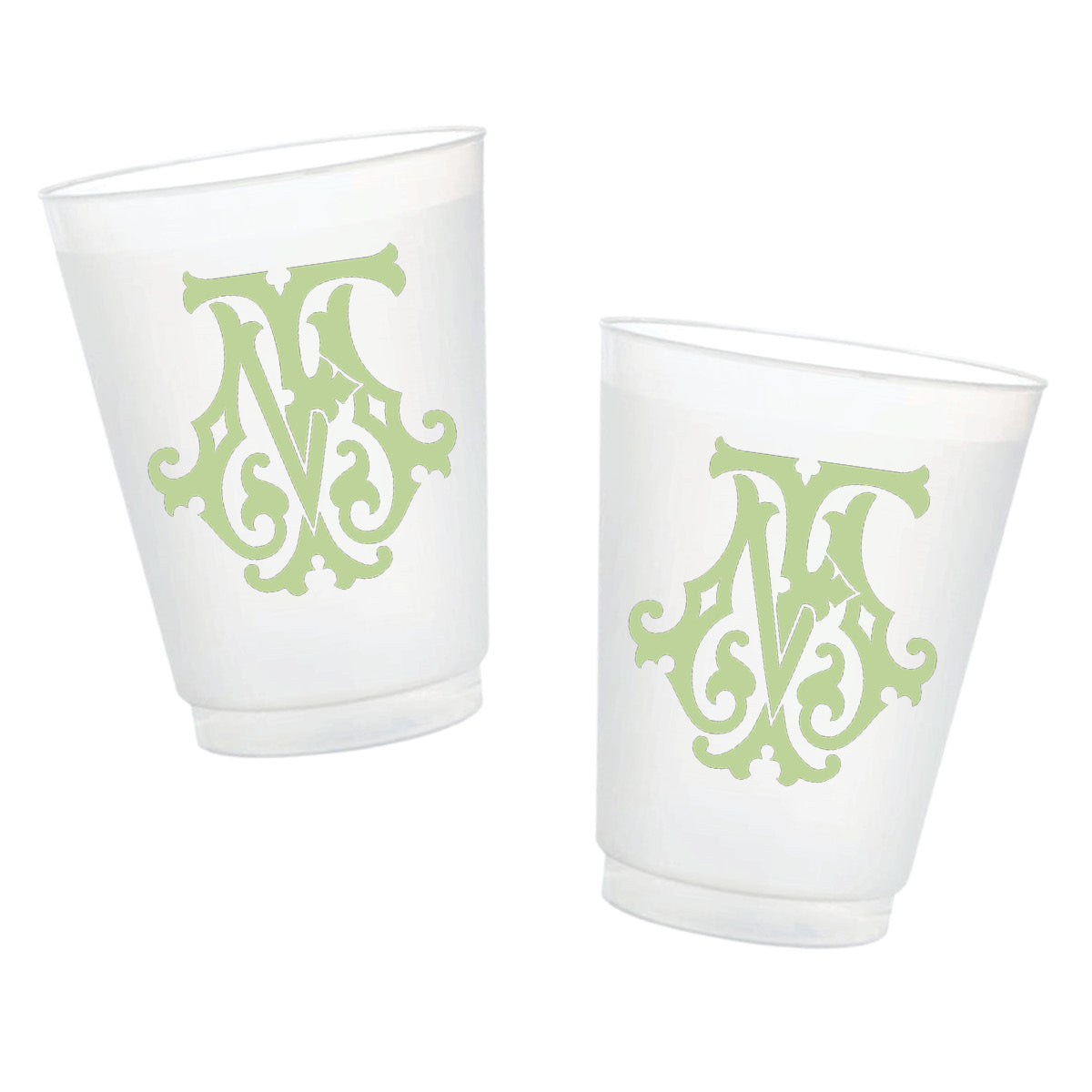 Chic Monogram personalized frosted cups featuring an elegant interlocking monogram in leaf green