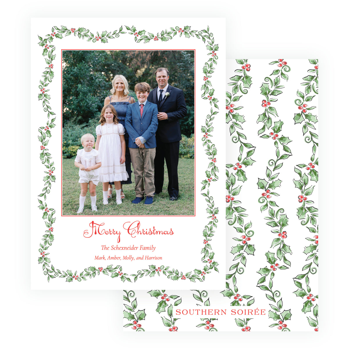 Holiday Holly personalized Christmas photo card with family portrait, watercolor holly and berry border, and red holiday greeting.