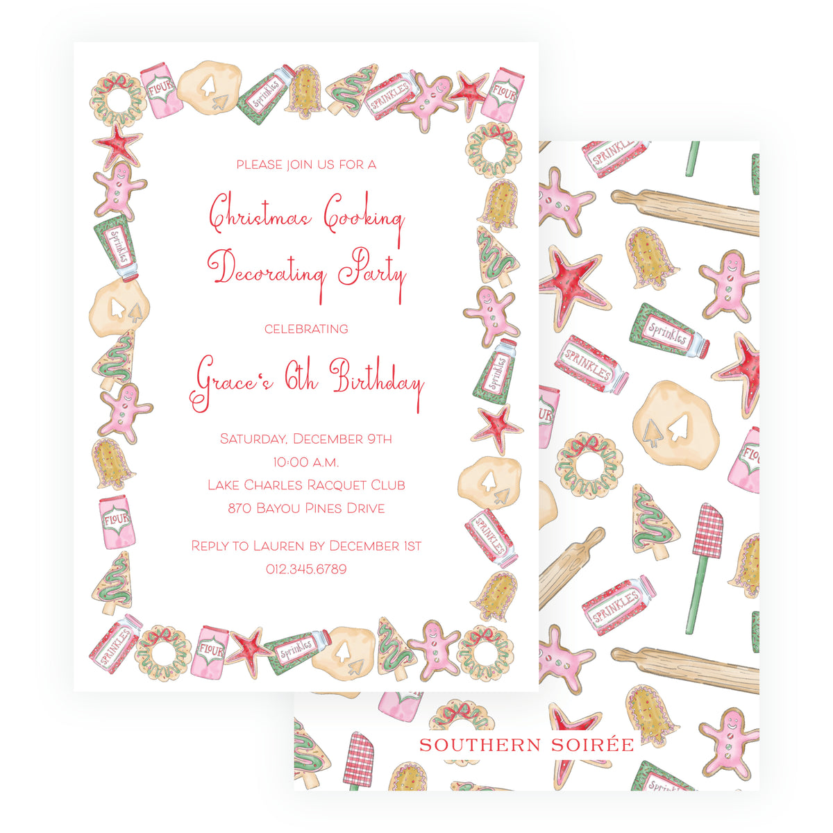 Personalized Christmas cookie decorating birthday party invitation with watercolor cookies, gingerbread, sprinkles and festive baking artwork