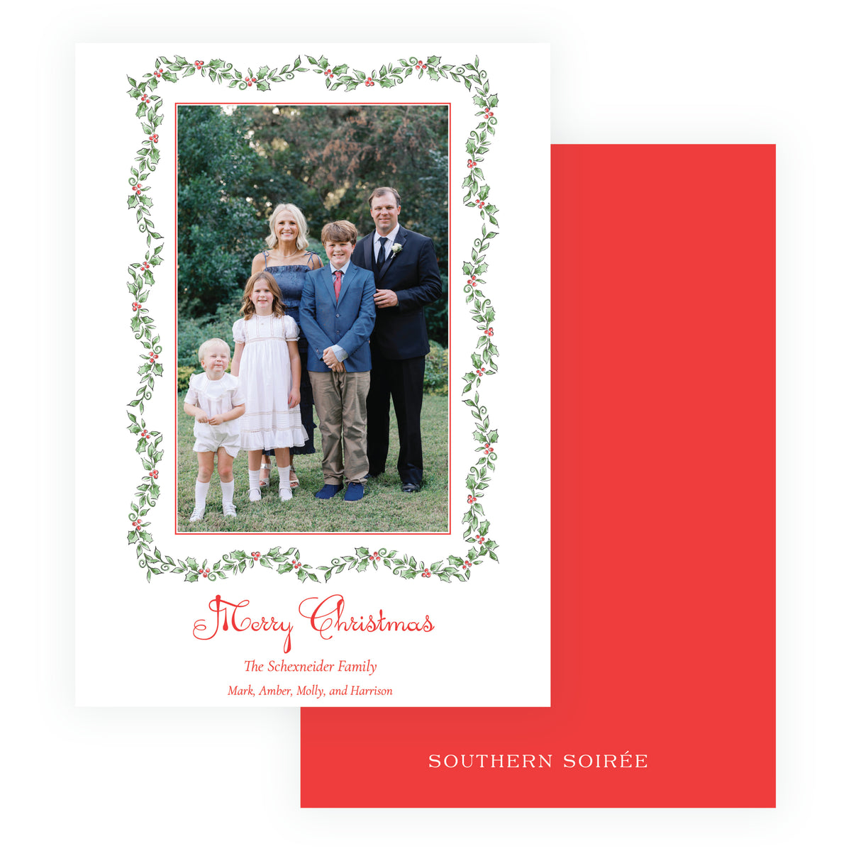 Holiday Holly classic personalized Christmas photo card with portrait family photo, watercolor holly border, and Merry Christmas greeting.