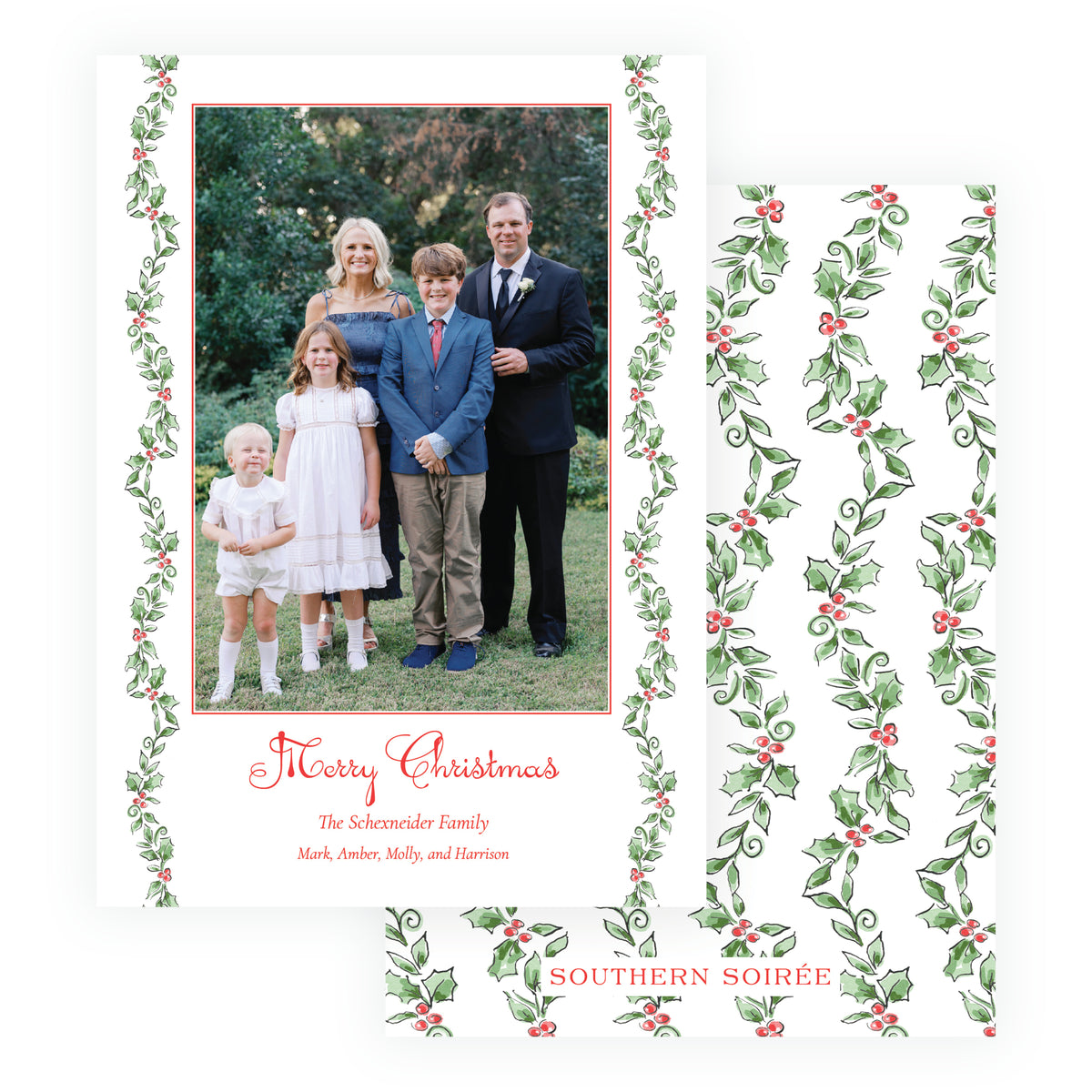 Holiday Holly Vine personalized Christmas photo card with family portrait, watercolor holly side border, and red Merry Christmas greeting.