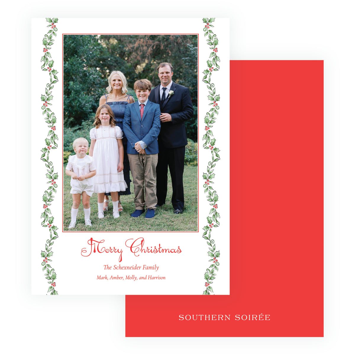 Holiday Holly Vine personalized Christmas photo card with family portrait, watercolor holly side border, and red Merry Christmas greeting.