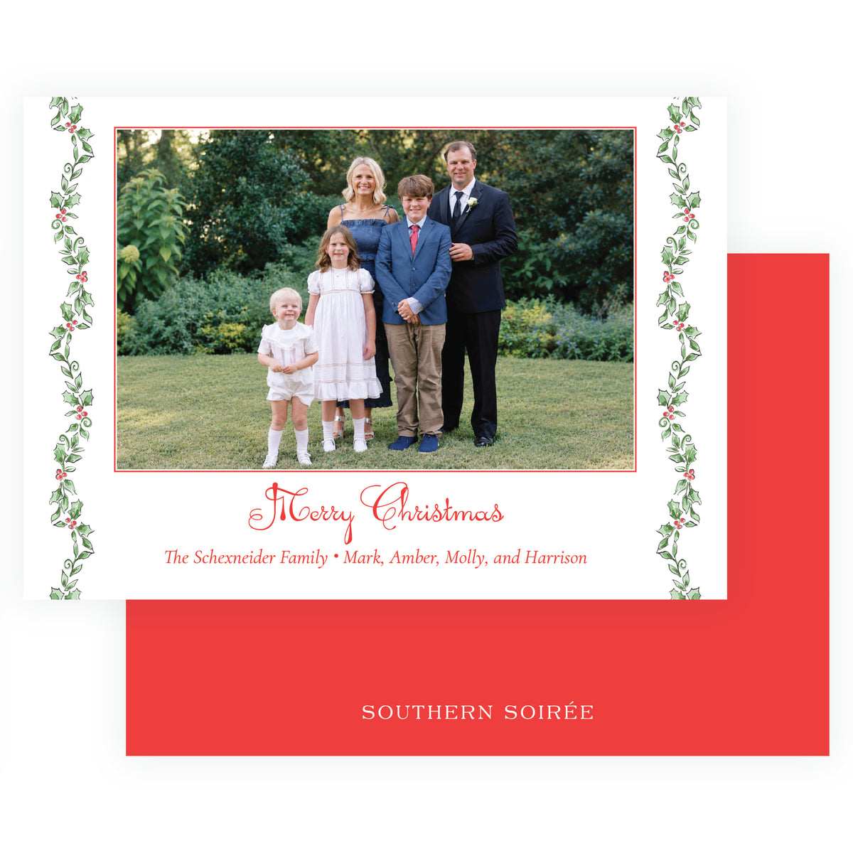 Holiday Holly landscape personalized Christmas photo card with family photograph, watercolor holly side border, and Merry Christmas greeting.
