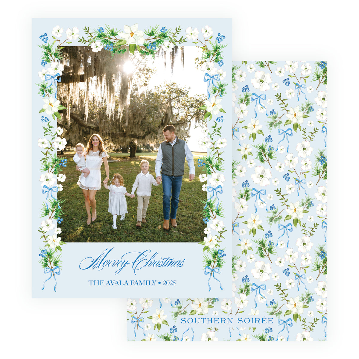 Holiday Blossom Botanical personalized Christmas photo card with watercolor floral swag, evergreen greenery, blue berries and family photograph.