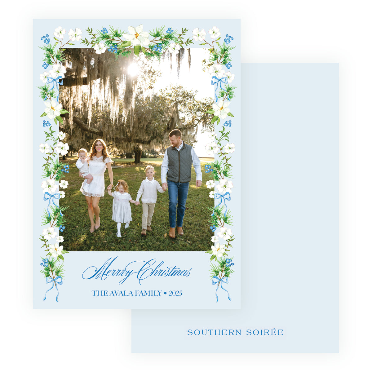 Holiday Blossom Botanical personalized Christmas photo card with watercolor floral swag, evergreen greenery, blue berries and family photograph.