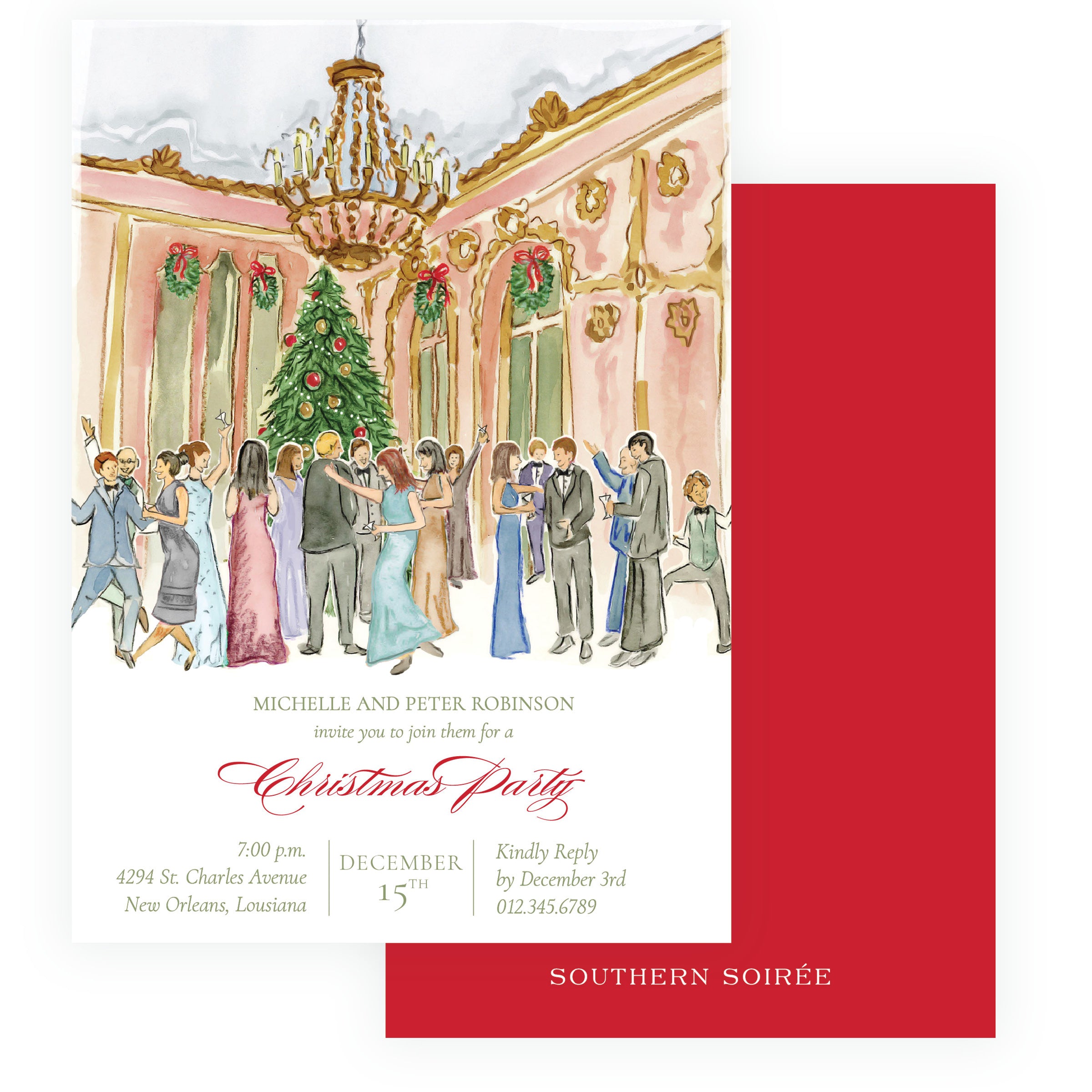 Elegant Christmas party invitation with watercolor Christmas tree, chandelier and festive holiday party scene