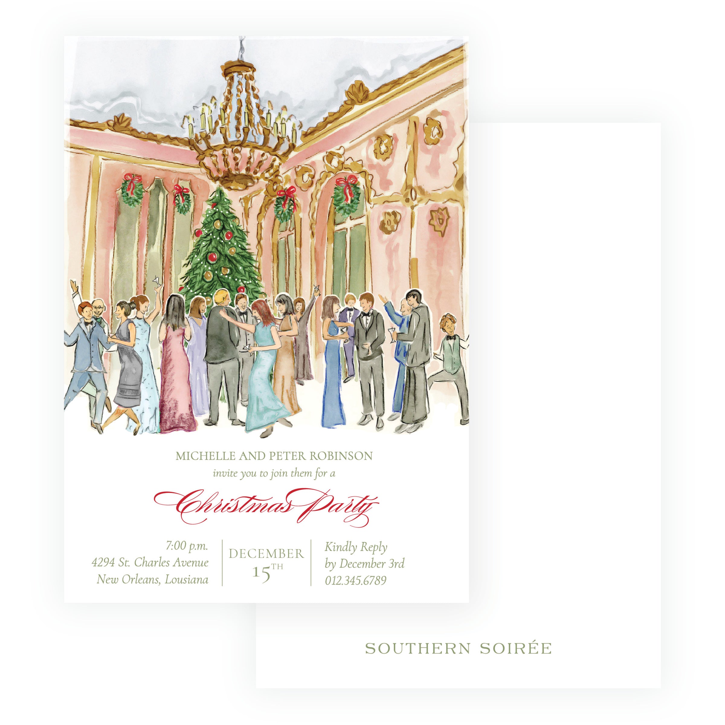 Personalized holiday party invitation with elegant Christmas watercolor artwork