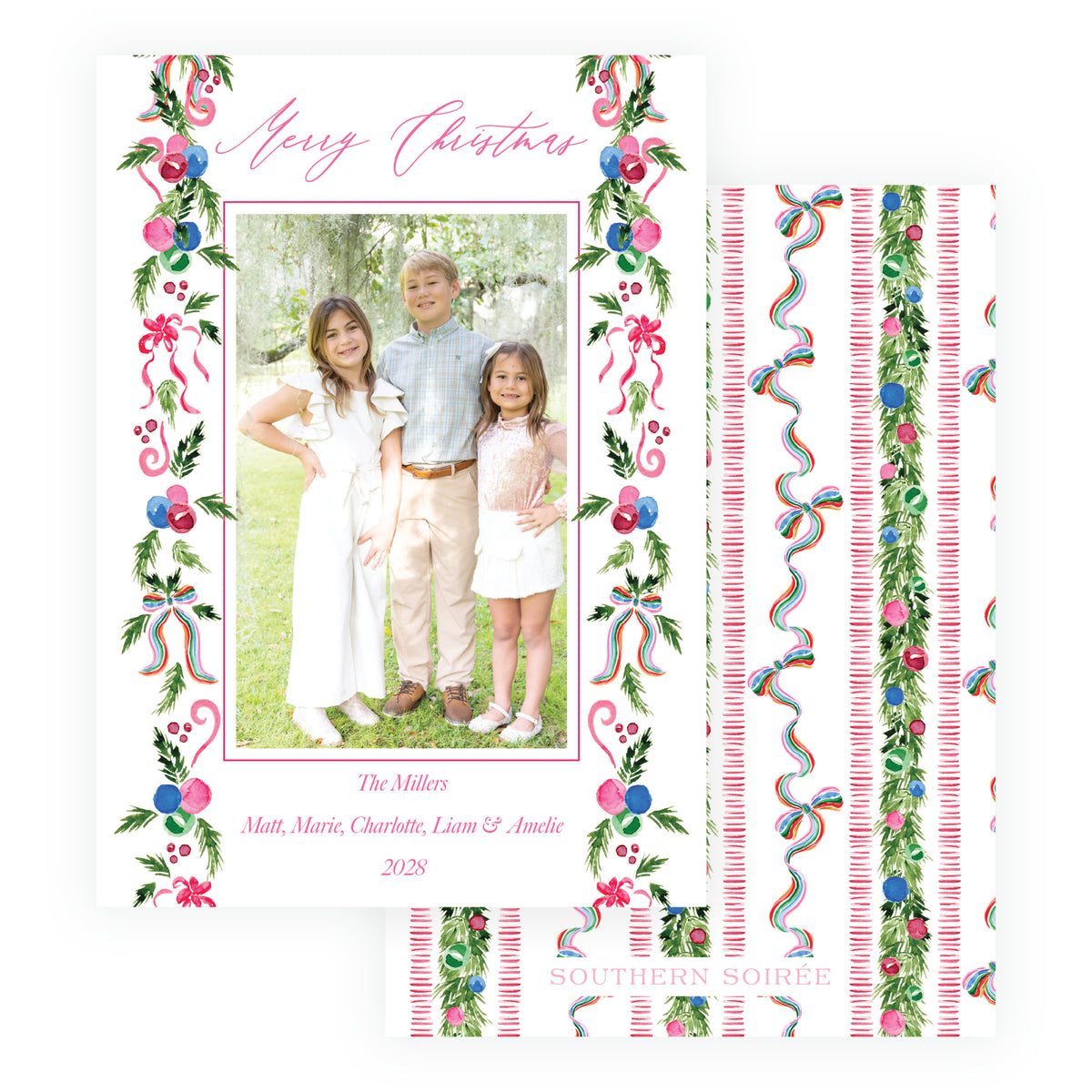Personalized Christmas photo card with coordinating Tied with Cheer watercolor pattern back