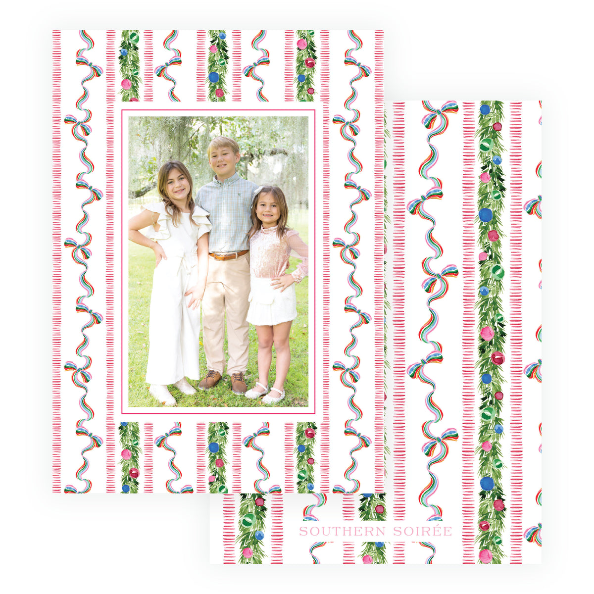 Personalized watercolor holiday card with festive garland and colorful ribbon with coordinating pattern back
