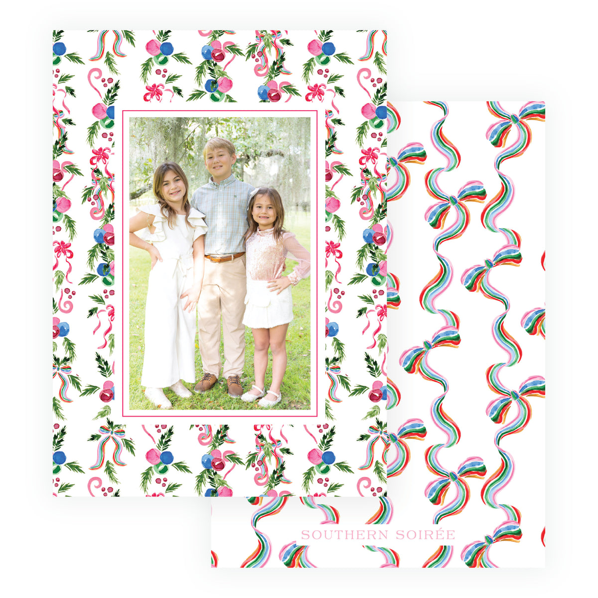 Family Christmas card with watercolor greenery bows ornaments