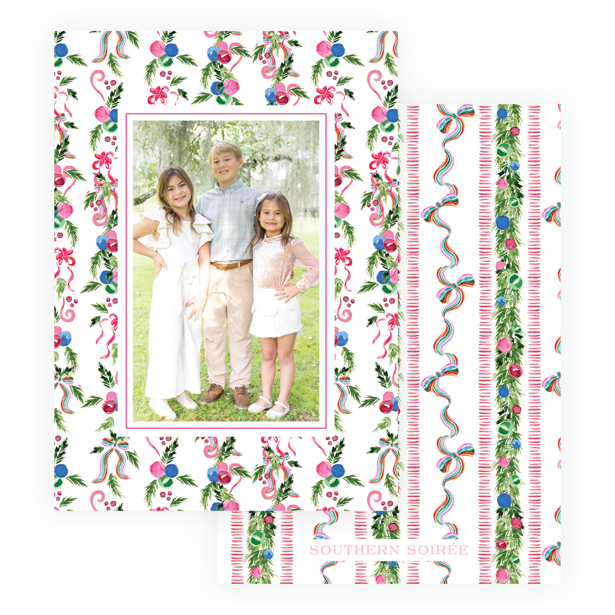 Whimsical colorful personalized holiday photo card with Christmas illustrations