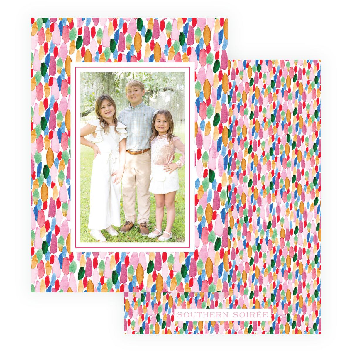 Colorful personalized Christmas card with coordinating patterned back option