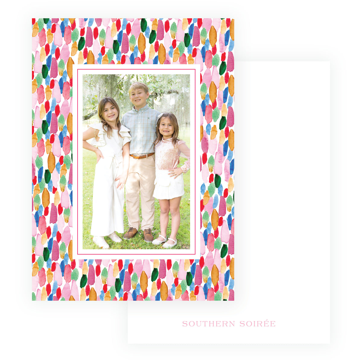 Personalized modern holiday photo card with hand-painted colorful pattern