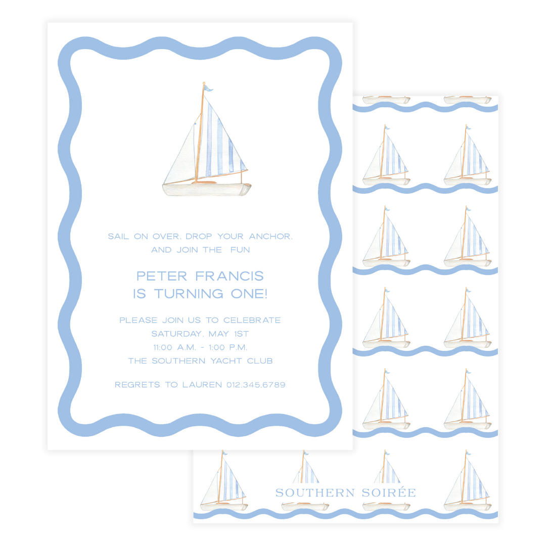 Blue sailboat nautical birthday invitation with scalloped border
