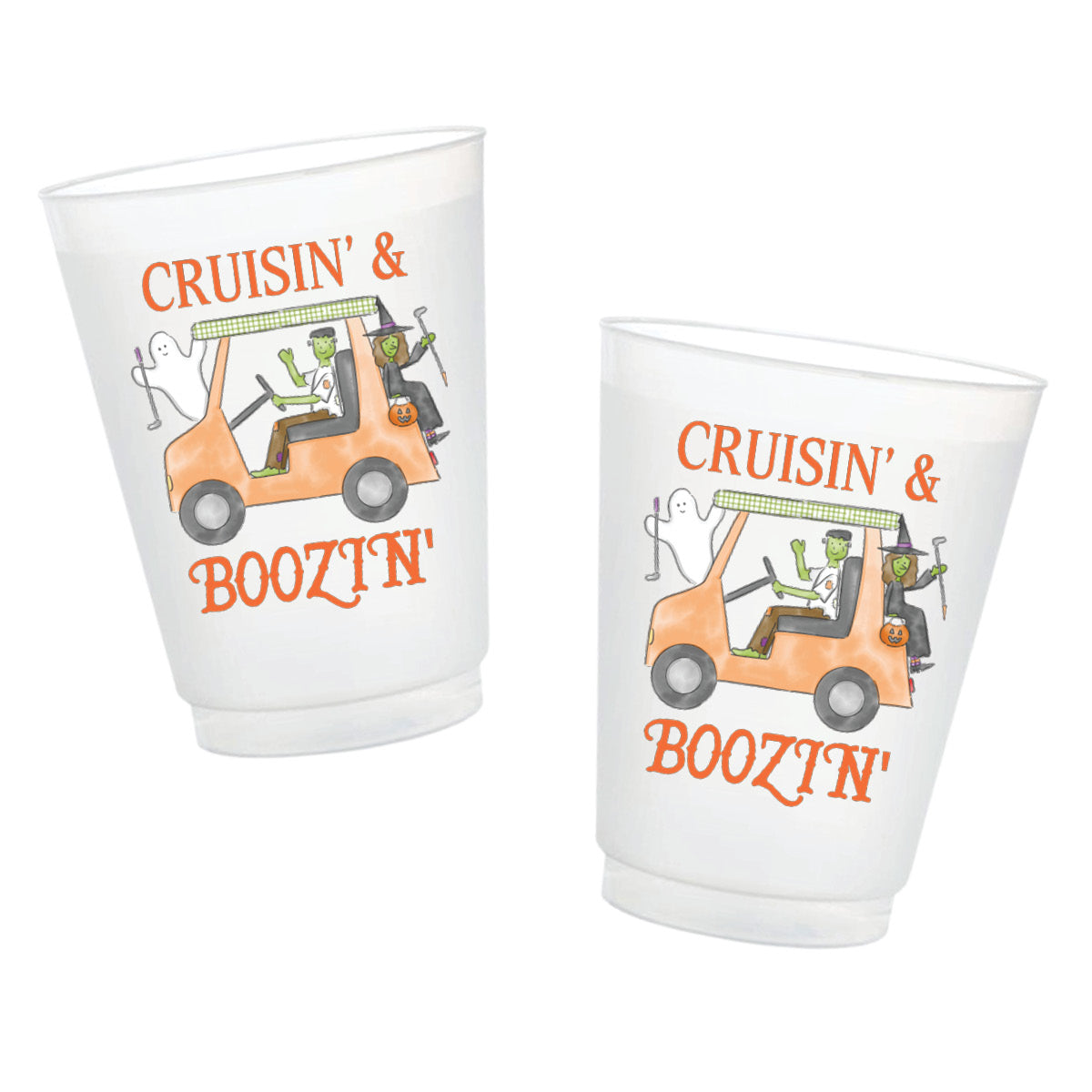 Cruisin’ and Boozin’ Halloween frosted cups with spooky characters riding in an orange golf cart