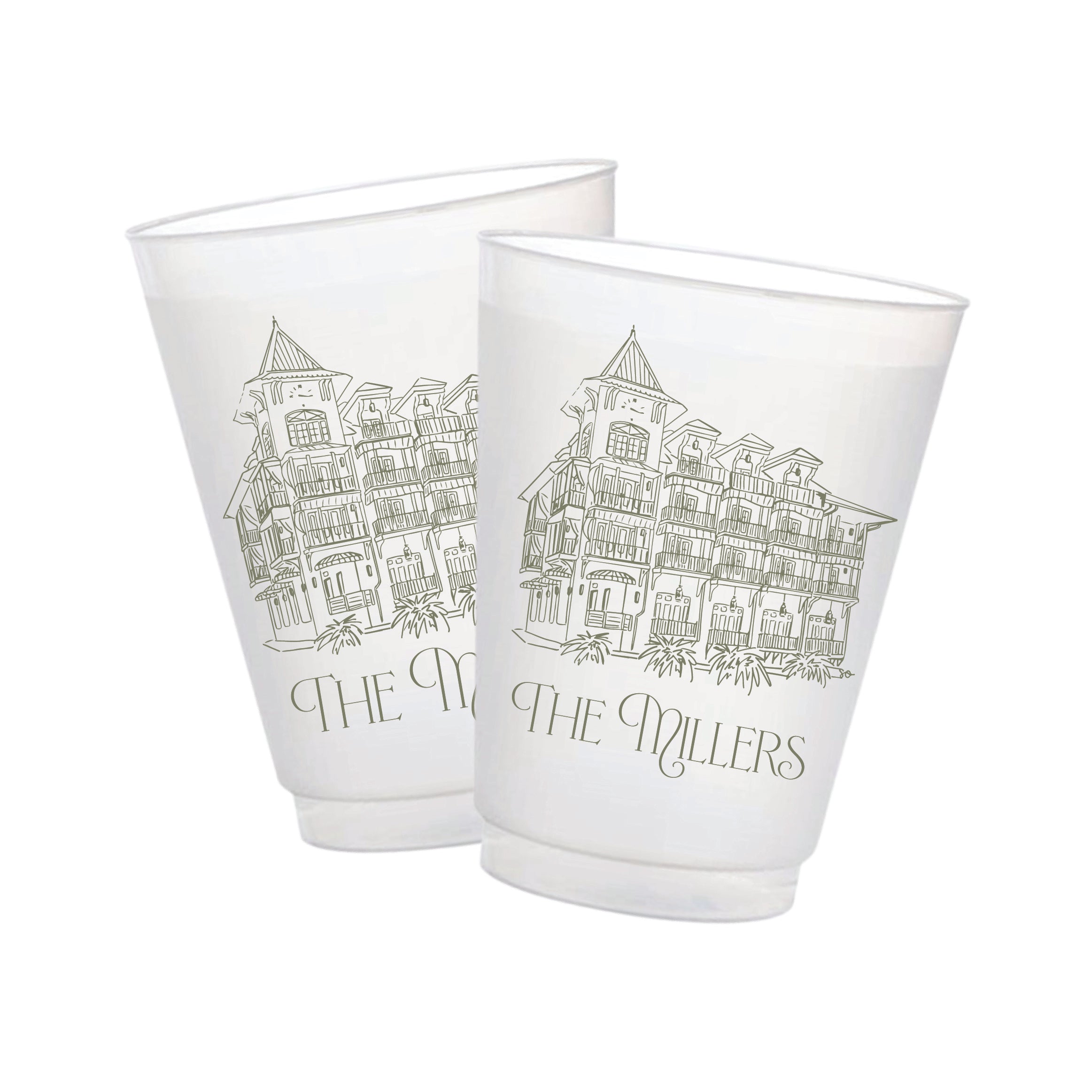 Frosted party cups featuring The Pearl hotel illustration in Rosemary Beach Florida