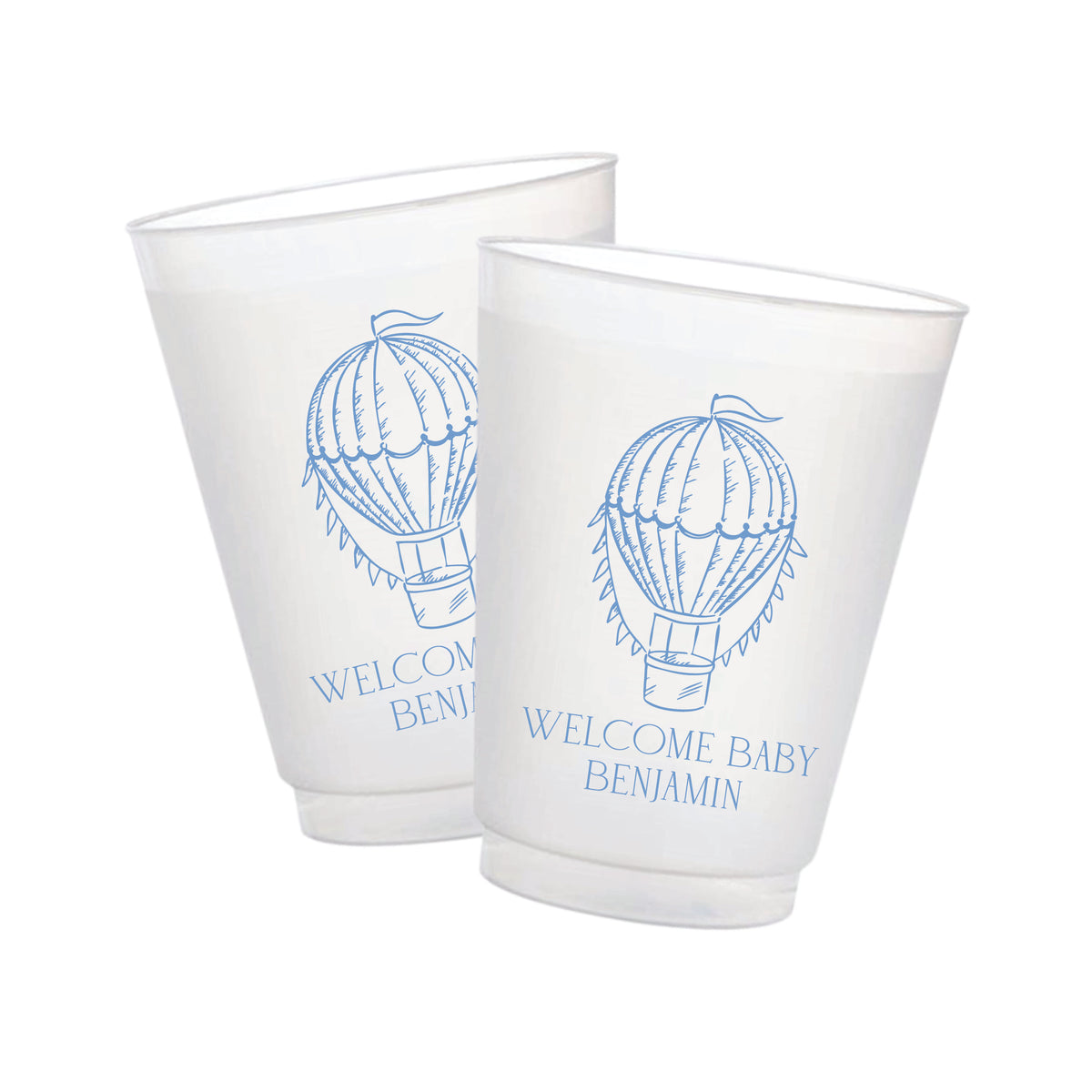 Personalized blue hot air balloon baby shower frosted cups